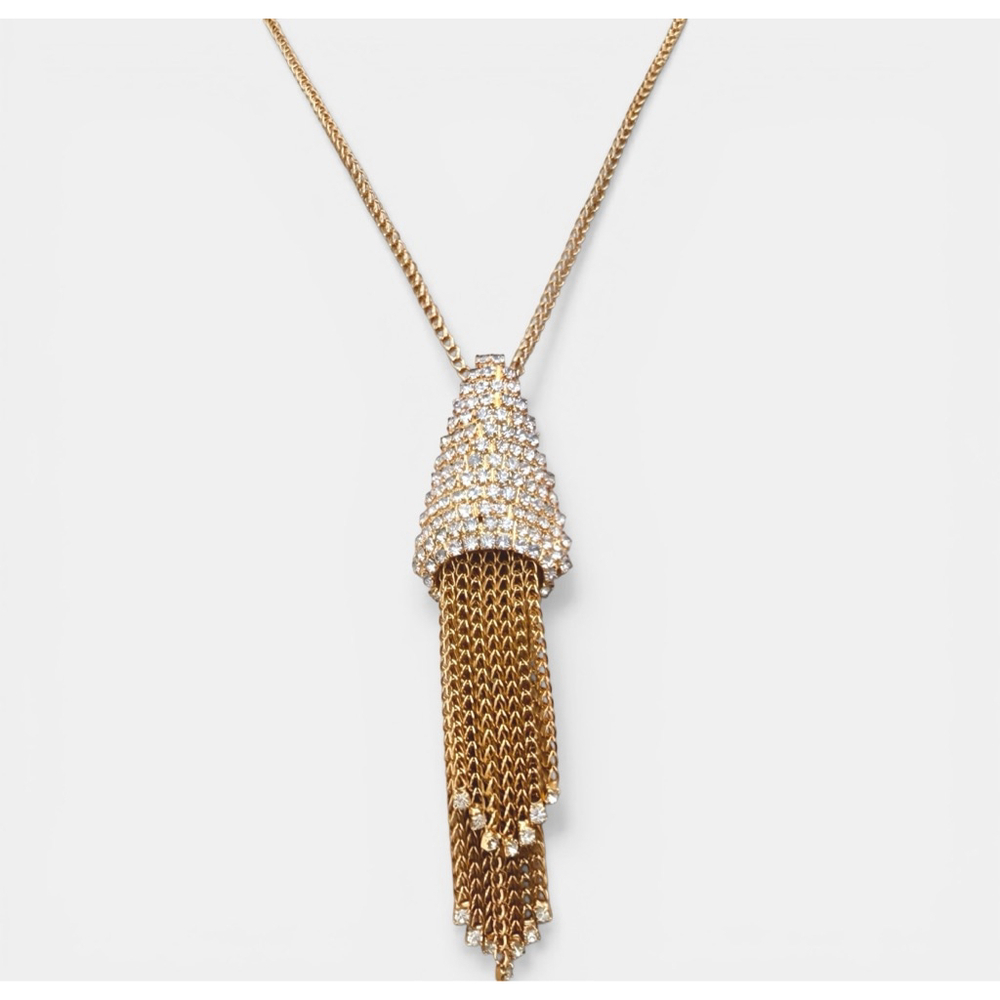 Vintage 1970s Gold Tone Conical Rhinestone Tassel Necklace Long Fringe Statement
